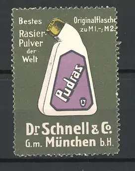Reklamemarke Pudras bestes Rasierpulver der Welt, Dr. Schnell & Co., München, Ansicht einer Originalflasche