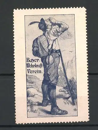 Künstler-Reklamemarke Bayer. Wehrkraft-Verein, Wanderer ruft ins Gebirge hinaus