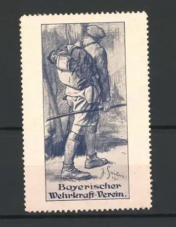 Künstler-Reklamemarke Bayerischer Wehrkraft-Verein, Wanderer im Wald
