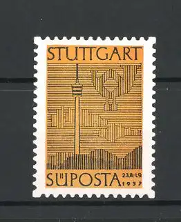 Reklamemarke Stuttgart, Briefmarkenausstellung SÜPOSTA 1957, Funkturm und Posthorn