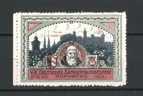 Reklamemarke Nürnberg, VIII. Deutsches Sängerbundesfest 1912, Stadtsilhouette und Hans Sachs Portrait