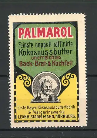 Reklamemarke Palmarol feinste Kokosnussbutter als Brat-, Back- und Kochfett, Margarinefabrik Leonh. Stadelmann