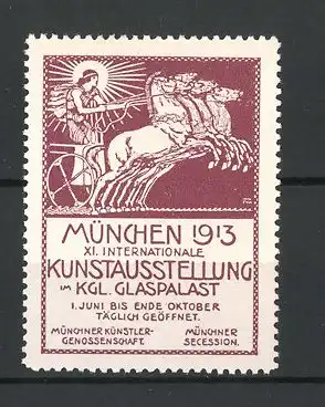 Künstler-Reklamemarke München, XI. Internationale Kunstausstellung 1913, Göttin Eos im Pferdewagen