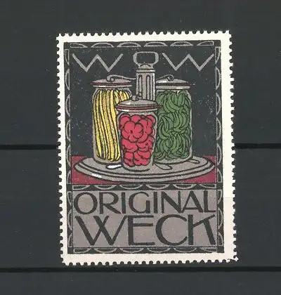 Reklamemarke Original Weck Einmachgläser, eingelegtes Gemüse in Gläsern