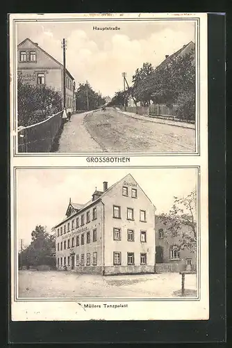 AK Grossbothen, Gasthof Müllers Tanzpalast, Hauptstrasse mit Kolonialwarengeschäft