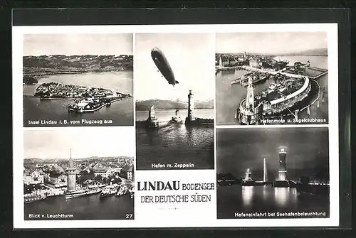 AK Lindau /Bodensee, Hafen mit Zeppelin, Blick vom Leuchtturm, Hafeneinfahrt bei Seehafenbeleuchtung