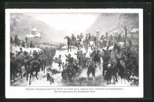 Künstler-AK Caub, Blüchers Übergang über den Rhein bei Caub 1814, Befreiungskriege