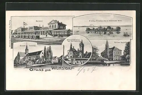 Lithographie Wunstorf, Bahnhof, Kloster Loccum, Festung Wilhelmstein im Steinhuder Meer