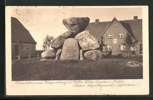 AK Linden in Holst., Altgermanischer Opferstein, Heimstätten mit Kriegerdenkmal