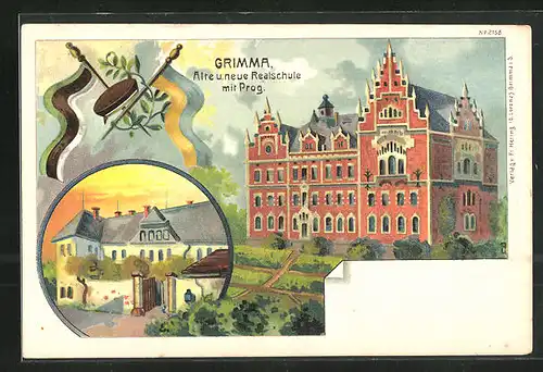 Künstler-AK Grimma i. Sa., alte und neue Realschule mit Prog.
