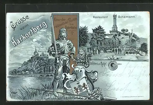 Mondschein-Lithographie Harkortberg, Restaurant Schemann, Ritter, Wappen