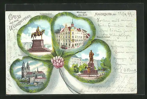 Passepartout-Lithographie Magdeburg, Würzburger Alte Markt, Kaiserdenkmal, Dom, Kleeblatt