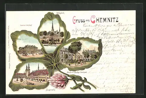 Passepartout-Lithographie Chemnitz, Schlossteich, Hauptmarkt, Kleeblatt