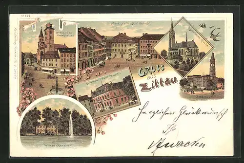 Lithographie Zittau, Restaurant Weinau, Westseite des Marktplatzes, Katholische Kirche