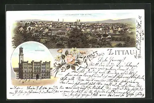Lithographie Zittau, Rathaus, Totalansicht