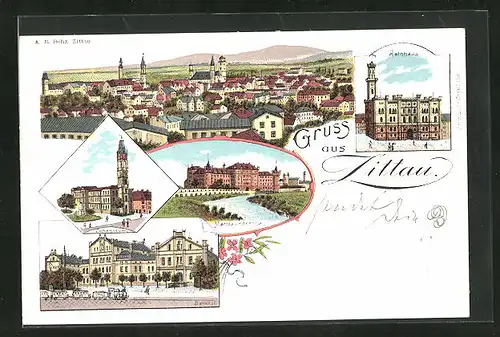 Lithographie Zittau, Mandaukaserne, Bahnhof, Johanneum