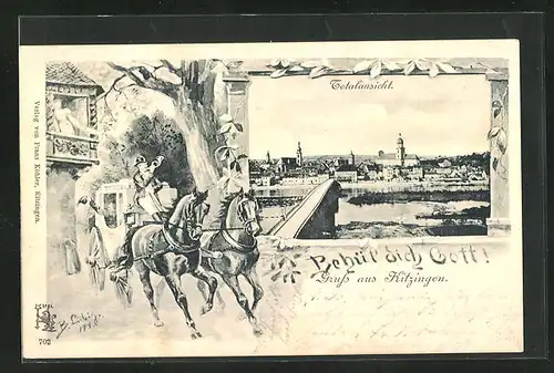 Lithographie Kitzingen, Postkutsche, Ortsansicht