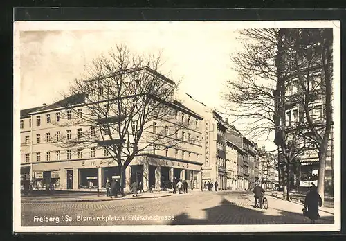 AK Freiberg i. Sa., Bismarckplatz und Erbischestrasse