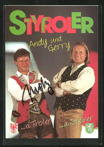 AK Musikerduo Styroler Andy und Gerry mit freundlichem Lächeln, Autograph