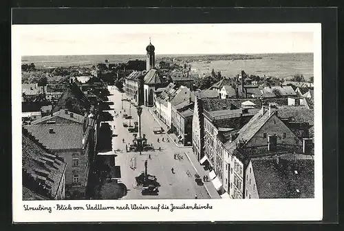 AK Straubing, Blick vom Stadtturm nach Westen auf die Jesuitenkirche