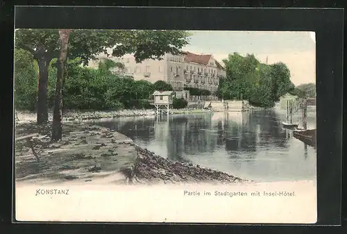 AK Konstanz, Partie im Stadtgarten mit Insel-Hotel