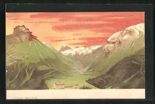 Künstler-AK Killinger Nr. 101: Titlis, Er träumt von einer Palme, Berg mit Gesicht / Berggesichter