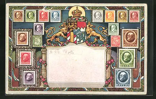 AK Bayerische Briefmarken und Wappen