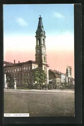 AK Zittau, Haberkornplatz mit Litfasssäule