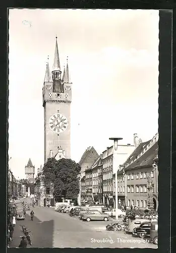 AK Straubing, Theresienplatz mit Gasthof Seethaler und Geschäften