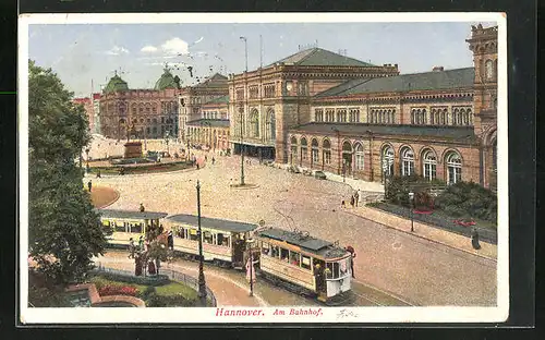 AK Hannover, Bahnhof mit Strassenbahn