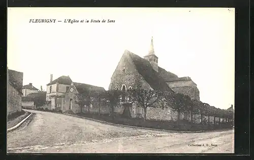 AK Fleurigny, L`Eglise et la Route de Sens