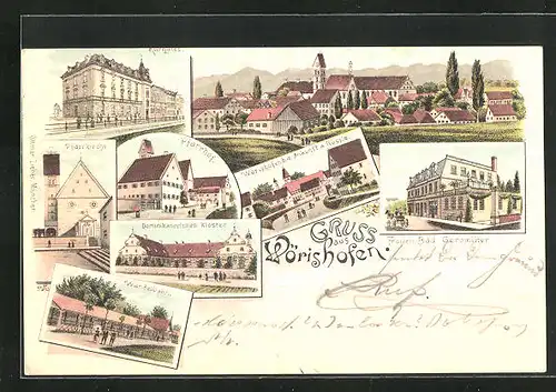 Lithographie Wörishofen, Ortsansichten mit Kurhaus, Kirche und Kloster