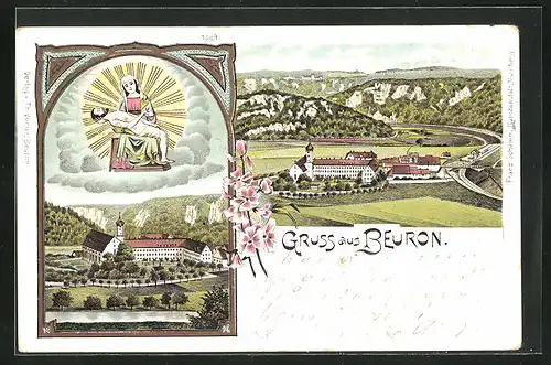 Lithographie Beuron, Benediktiner Erzabtei St. Martin, Gottesmutter mit Jesus