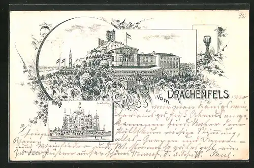Lithographie Drachenfels und Drachenburg