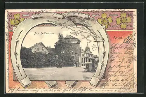 AK Goslar, Gasthaus Zum Achtermann, mit Hufeisen und Kleeblättern