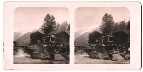 Stereo-Fotografie unbekannter Fotograf, Ansicht Zermatt, Hütte am Flussufer