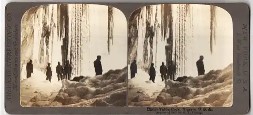 Stereo-Fotografie American Stereoscopic Co., New York, Ansicht Niagara / NY, Unter dem Tafelfelsen im Winter