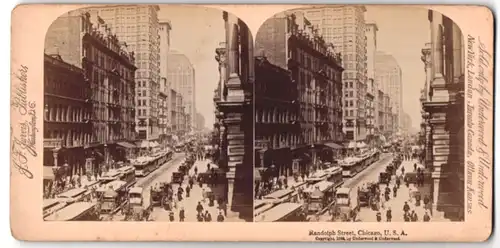 Stereo-Fotografie Underwood & Underwood, New York, Ansicht Chicago, Randolph Street mit Strassenbahn & Ladenngeschäften