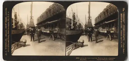 Stereo-Fotografie H.C. White Co., New York, Ansicht Buenos Aires, Kräne & Güterzug am Hafen-Quai