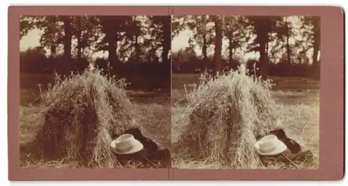 Stereo-Fotografie Fotograf unbekannt, Herren-Kleidungsstücke am Heuschober abgelegt