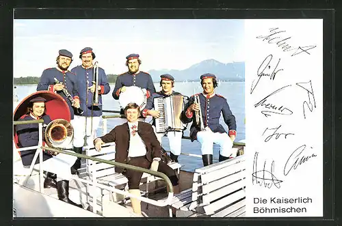 AK Musikergruppe Die Kaiserlich Bähmischen mit Instrumenten, Autogramme