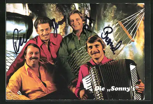 AK Musikerquartett Die Sonny`s mit Akkordeon, Autogramme