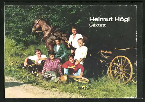 AK Musikersextett Helmut Högl vor einem Pferdewagen, Autogramme