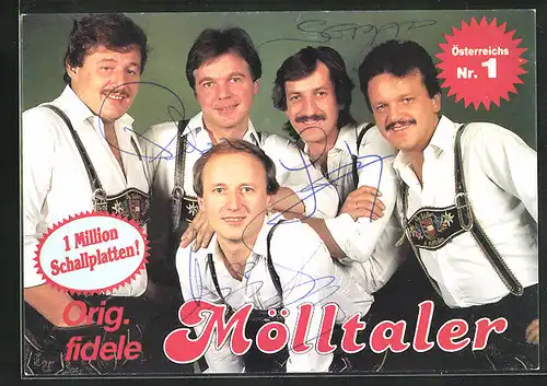 AK Musikergruppe Die Fidelen Mölltaler in Trachtenhosen, Autogramme
