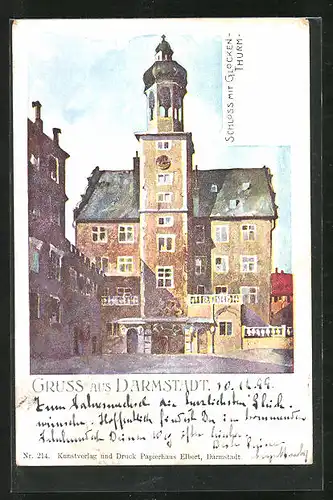 Lithographie Darmstadt, Schloss mit Glockenthurm