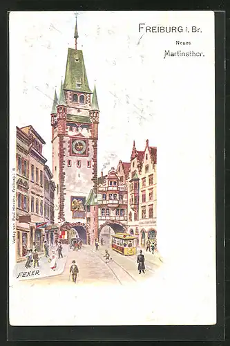 Lithographie Freiburg i. Br., Neues Martinsthor, Strassenbahn