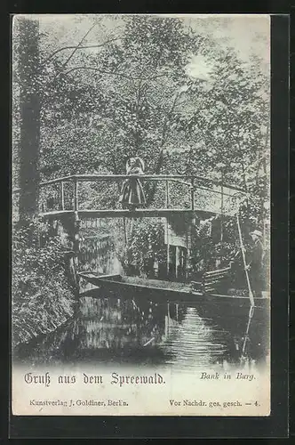AK Burg /Spreewald, Bank in Burg, Sorbin in Tracht