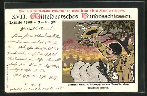 Künstler-AK Leipzig, XVII. Mitteldeutsches Bundesschiessen 1898, Schütze winkt mit seinem Hut, PP 9C68, Ganzsache