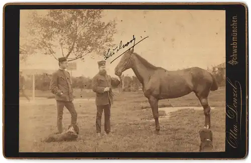 Fotografie Ottm. Denzel, Schwabmünchen, Portrait Soldaten mit Pferd und Hunden auf der Koppel