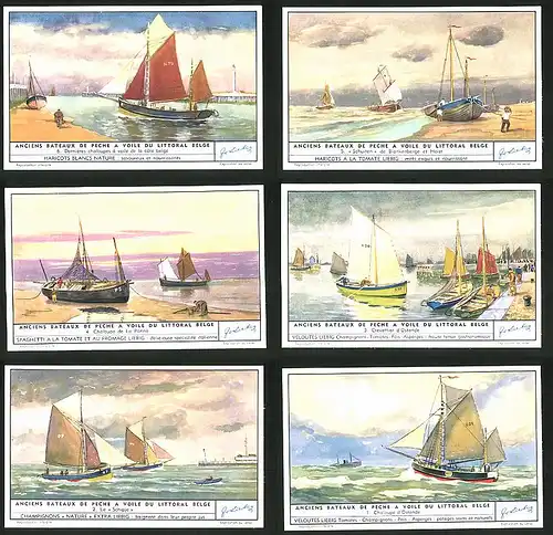 6 Sammelbilder Liebig, Serie Nr. 1583: Anciens Bateaux de peche a voile du Littoral Belge, Schipje, Ostende, Schuiten